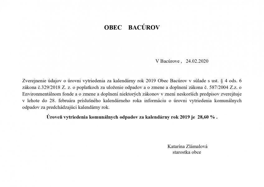 Úroveň vytriedenia komunálnych odpadov za kalendárny rok 2019_page-0001